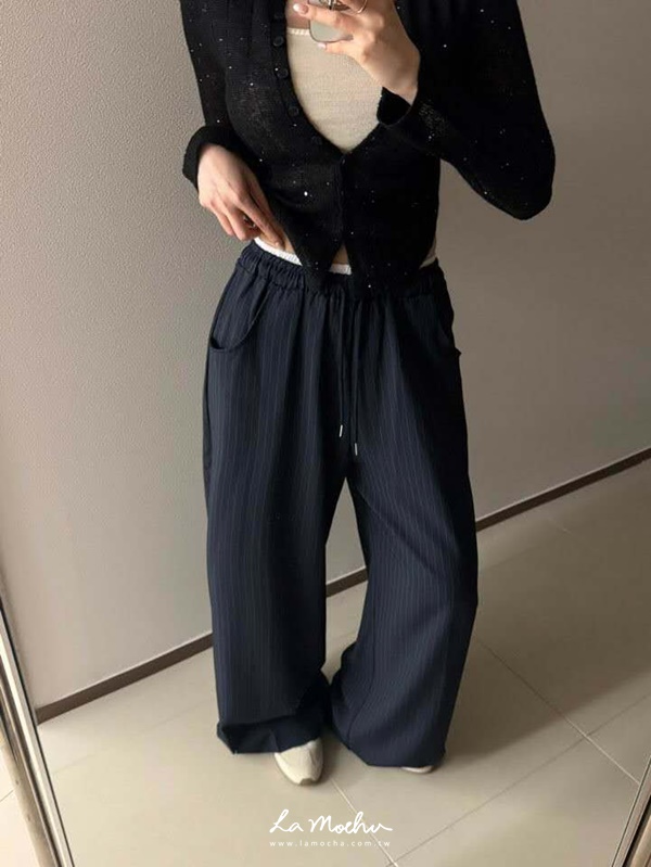條紋滑料鬆緊長褲